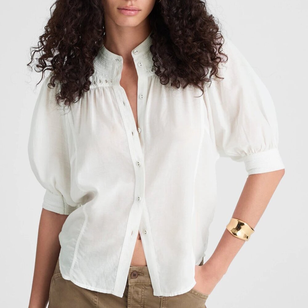 Madewell Puff-Sleeve Band-Collar Lightweight Shirt White Size 4/S NWT